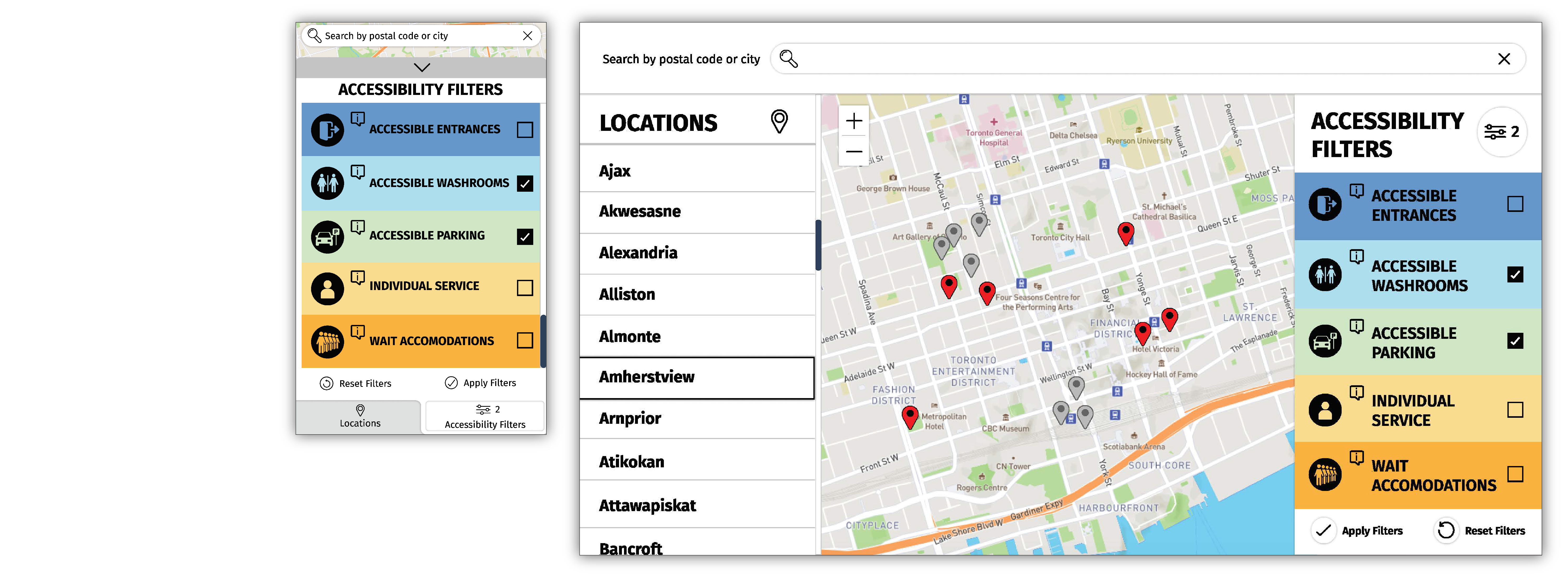 Wireframe showing the covid-19 testing centres on mobile and desktop view. 